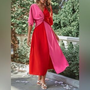 Colorblock Red Pink Twist Front Dress